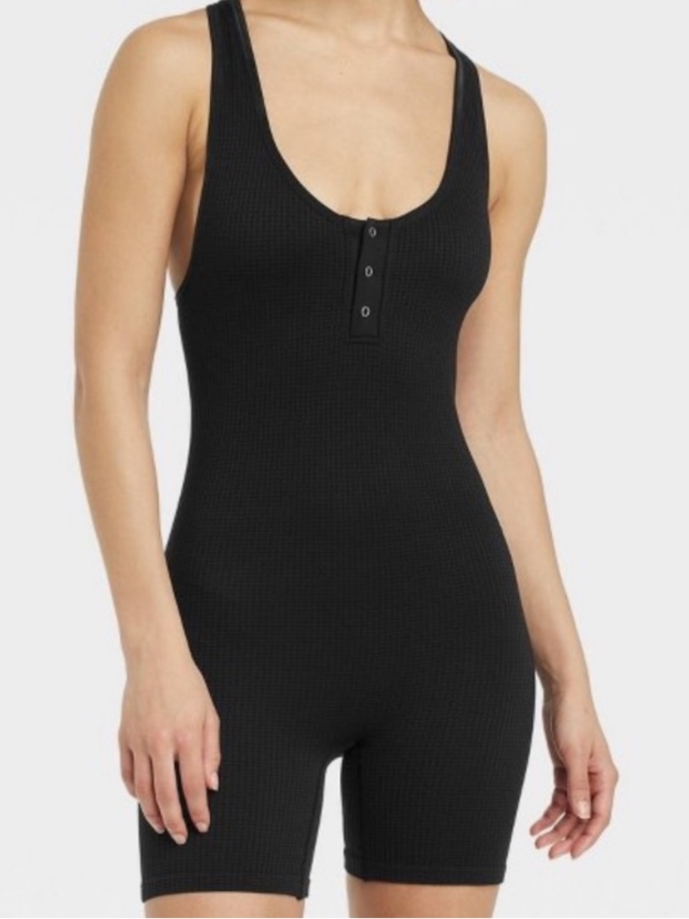 Colsie Black Ribbed Sleeveless Henley Romper